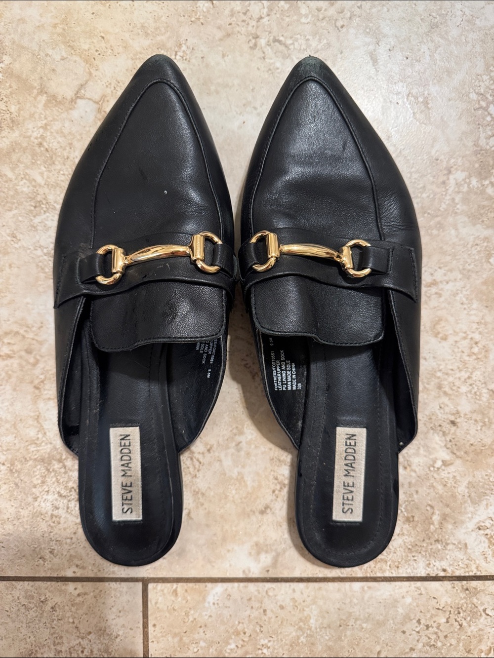 Steve Madden Black Leather Pointed Toe Mules with Gold Bit
